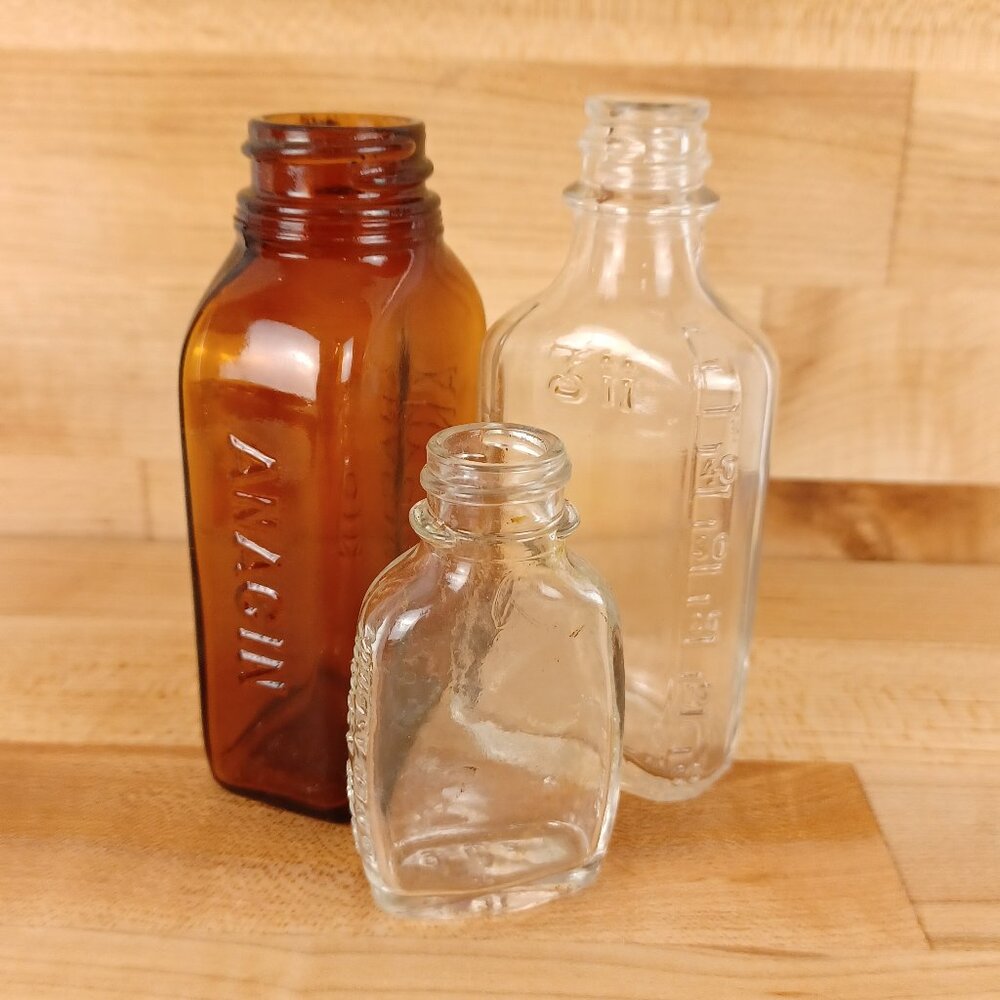 Midcentury Vintage Glass Aspirin Medicine Bottles, Group of 3